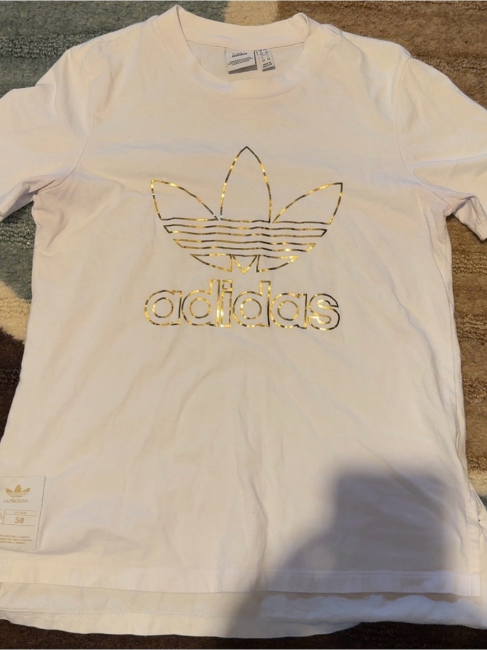 adidas White Tee with Gold Foil Trefoil